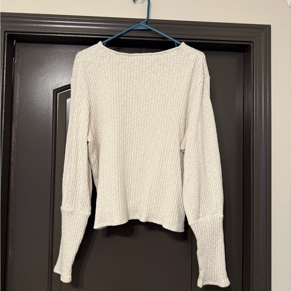 Madewell ivory stone gray ribbed drop sleeve oversized long sleeve shirt top - Picture 4 of 7
